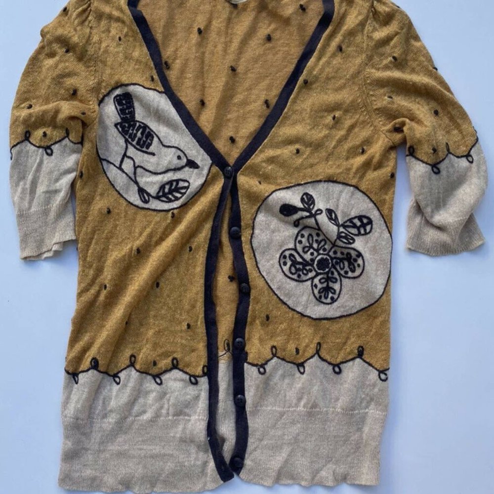 COPY - Anthropologie Knitted Knotted Embroidered Cardigan Bird Floral Size Smal…